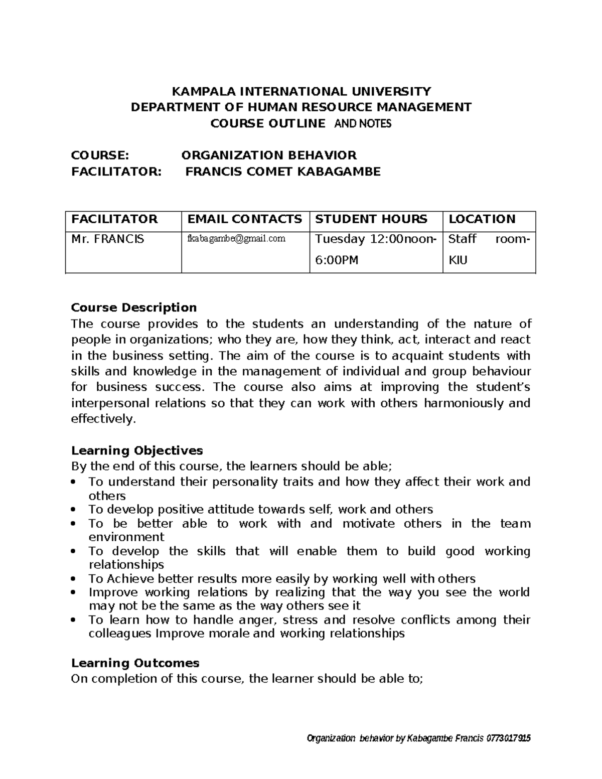 KAMPALA INTERNATIONAL UNIVERSITY HRM 101: Organization Behavior Course ...