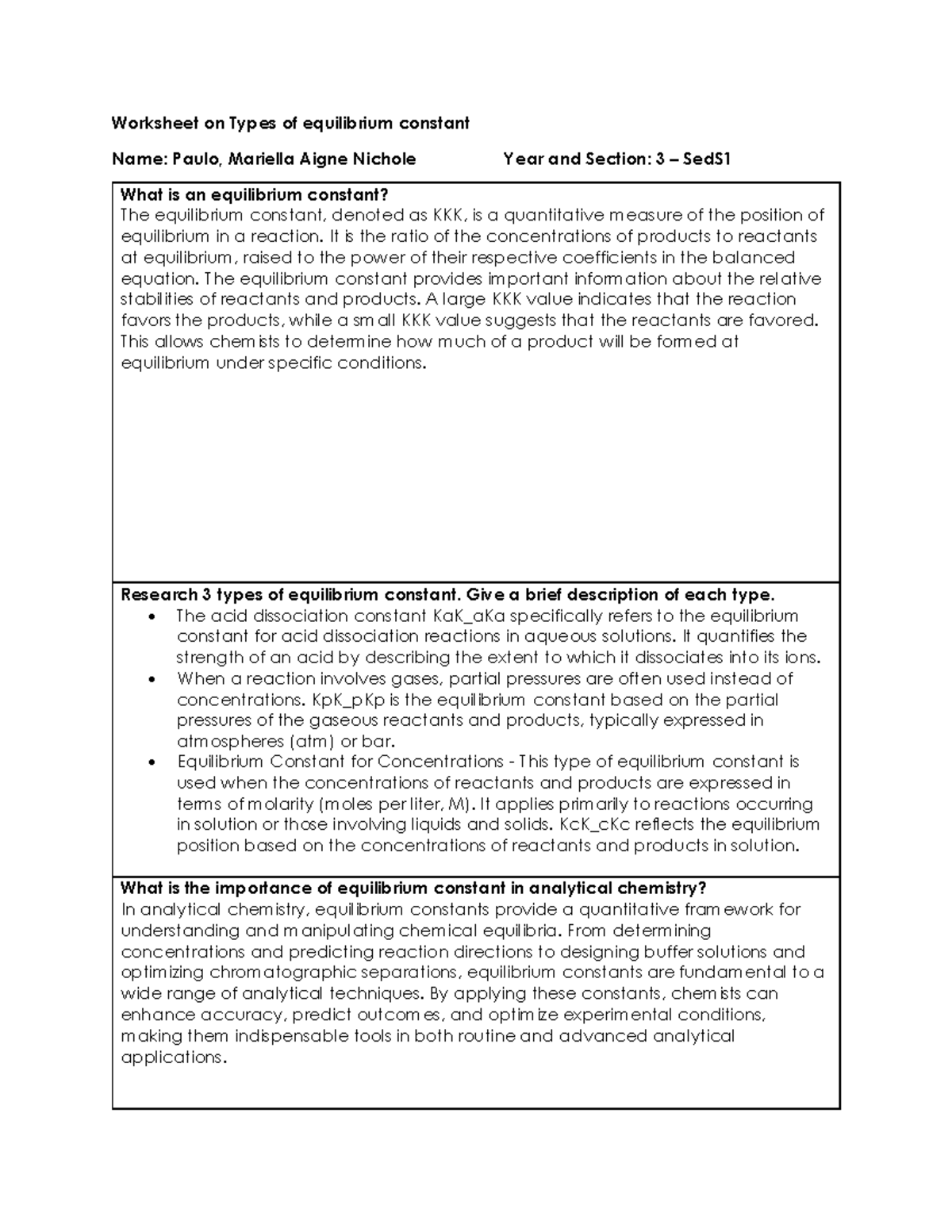 Worksheeton Typesofequilibriumconstant - Worksheet on Types of ...