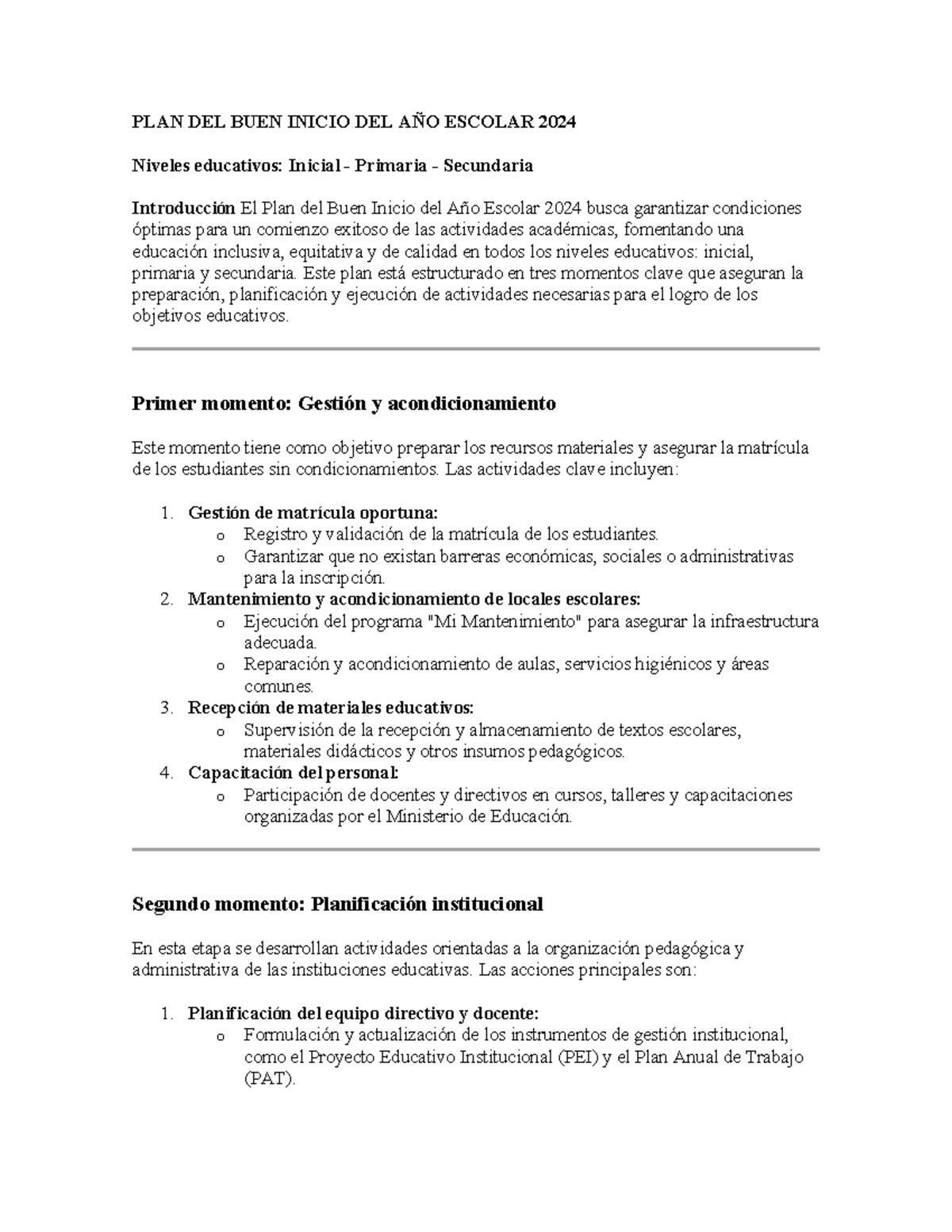 PLAN DEL BUEN Inicio DEL AÑO Escolar 2024 - PLAN DEL BUEN INICIO DEL ...