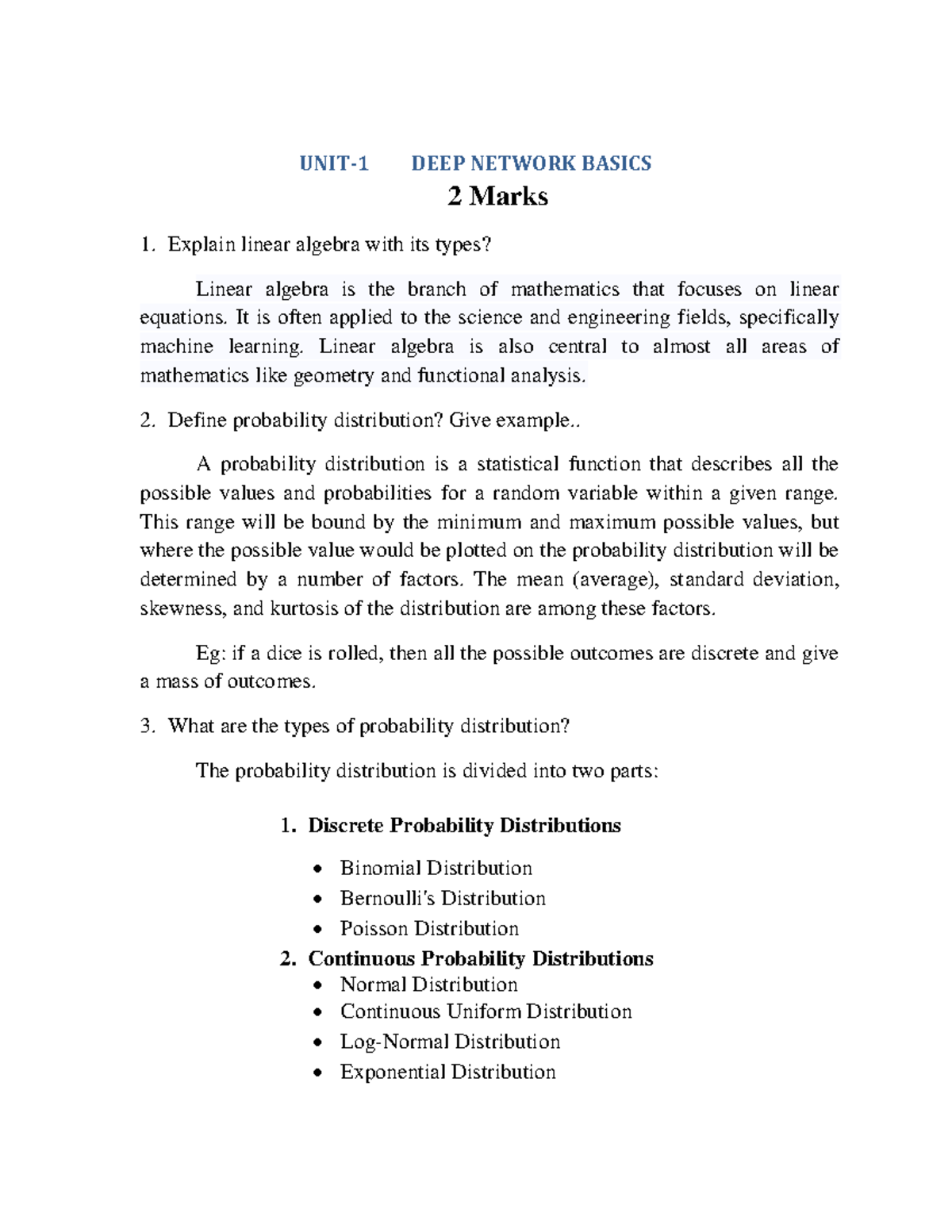 DL UNIT 1 Q - Question Bank on Deep Learning Concepts - Studocu