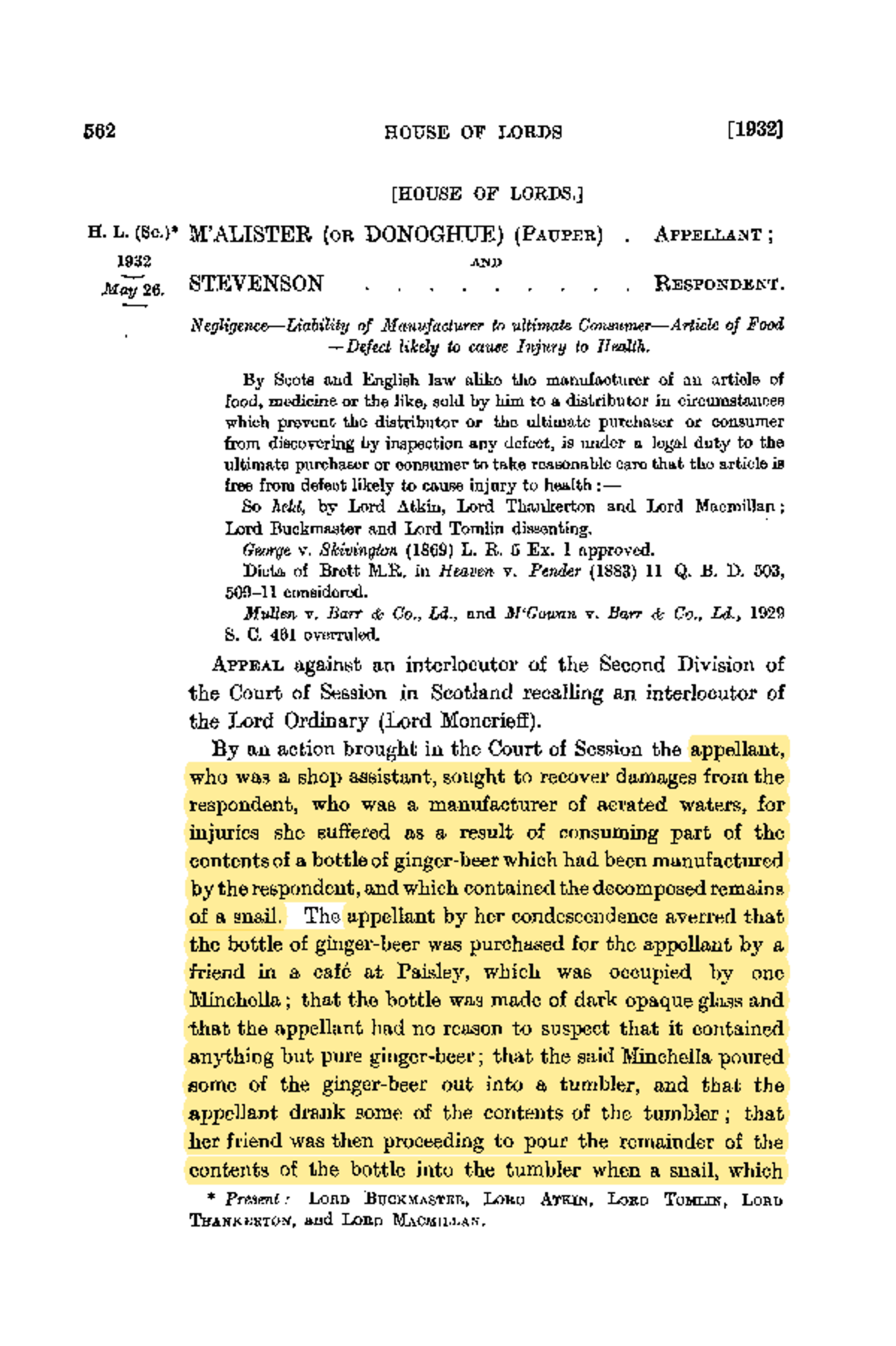 Donoghue v Stevenson [1932] AC 562 - 662 HOUSE OF LORDS [1932] [HOUSE ...
