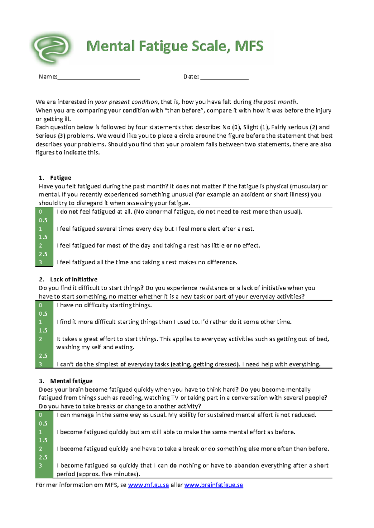 Mental Fatigue Scale (MFS) Assessment Questionnaire - Studocu