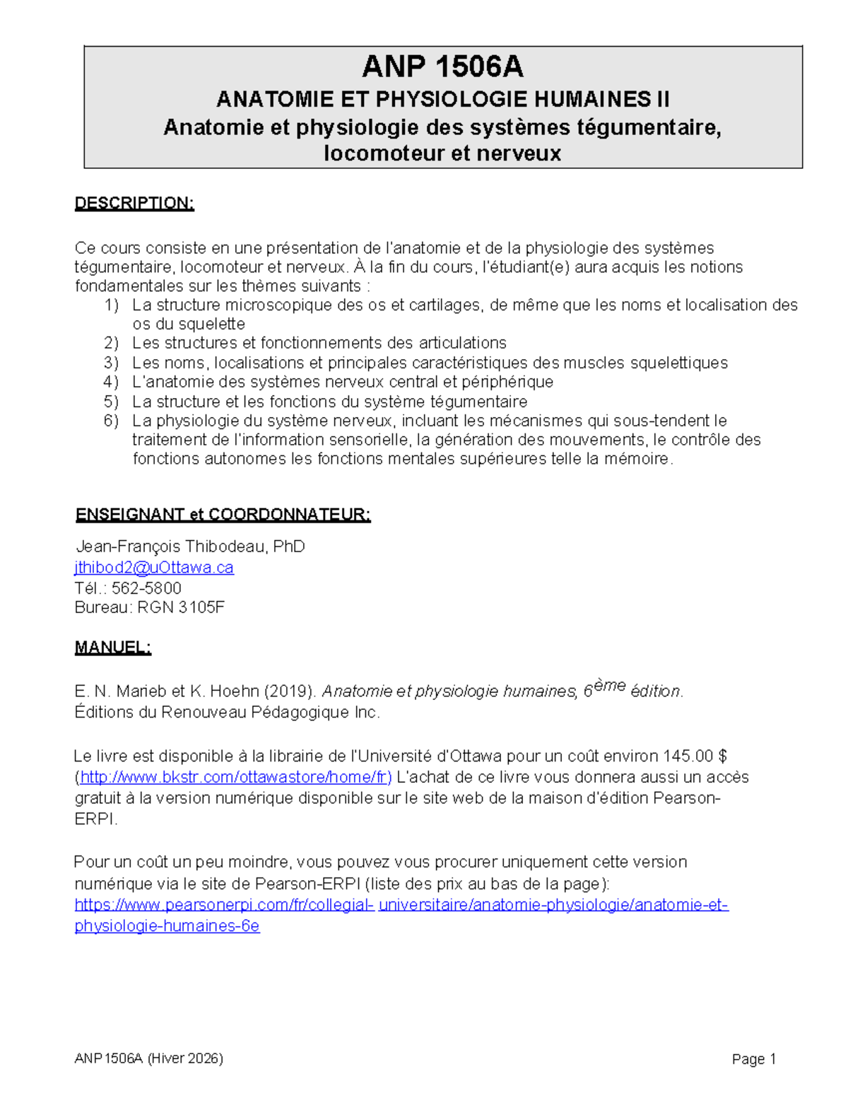 ANP 1506A Syllabus: Anatomie et Physiologie II (Hiver 2026) - Studocu