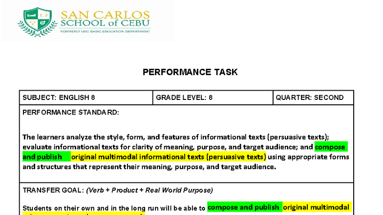 Q2 English 8 Performance Task: TED Talk on Youth Advocacy - Studocu