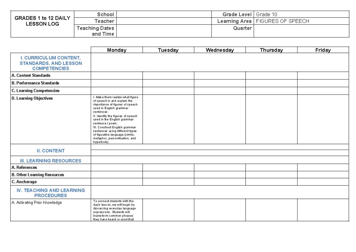 Grade 10 Daily Lesson Log: Exploring Figures of Speech - Studocu