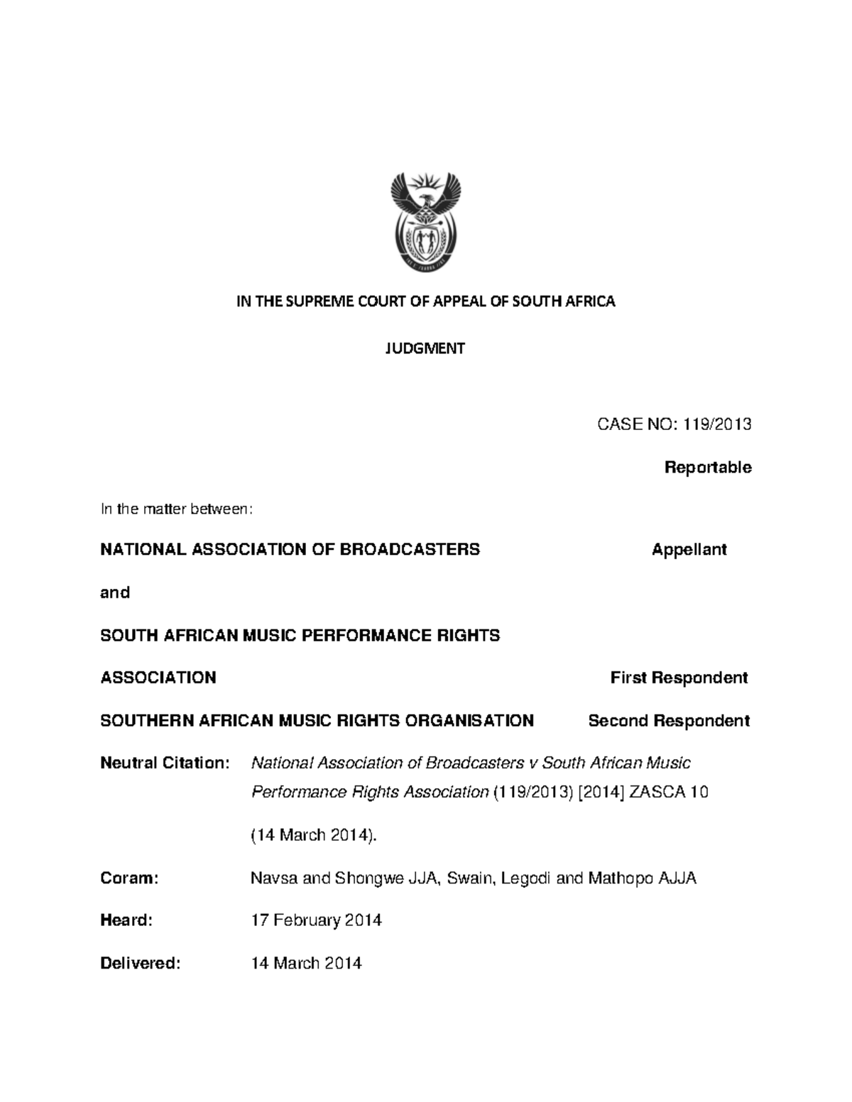 (SCA Judgment) NAB v SAMPRA: Royalty Rate Determination Case - Studocu