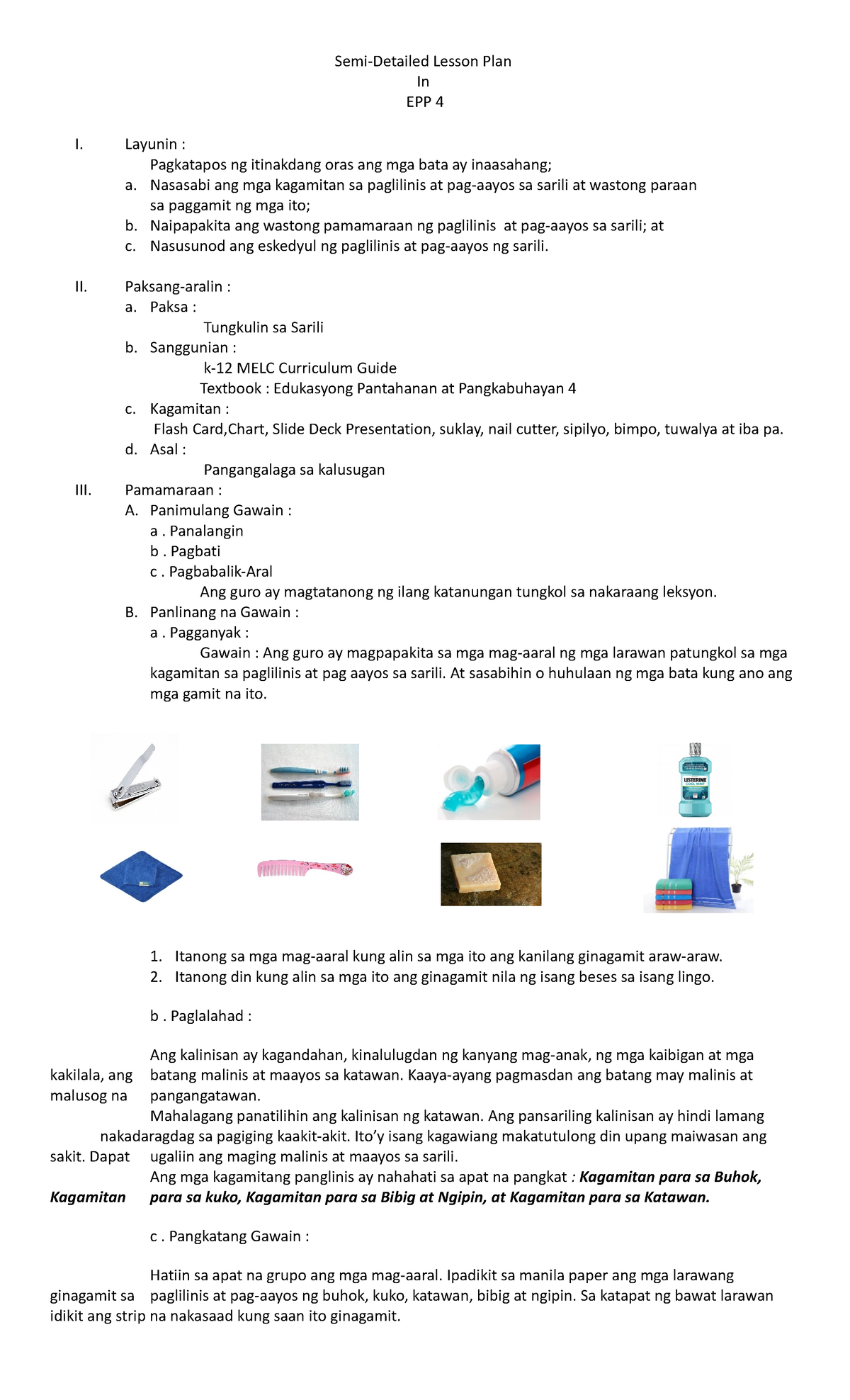 EPP 4 - Semi-Detailed Lesson Plan on Personal Hygiene and Care - Studocu