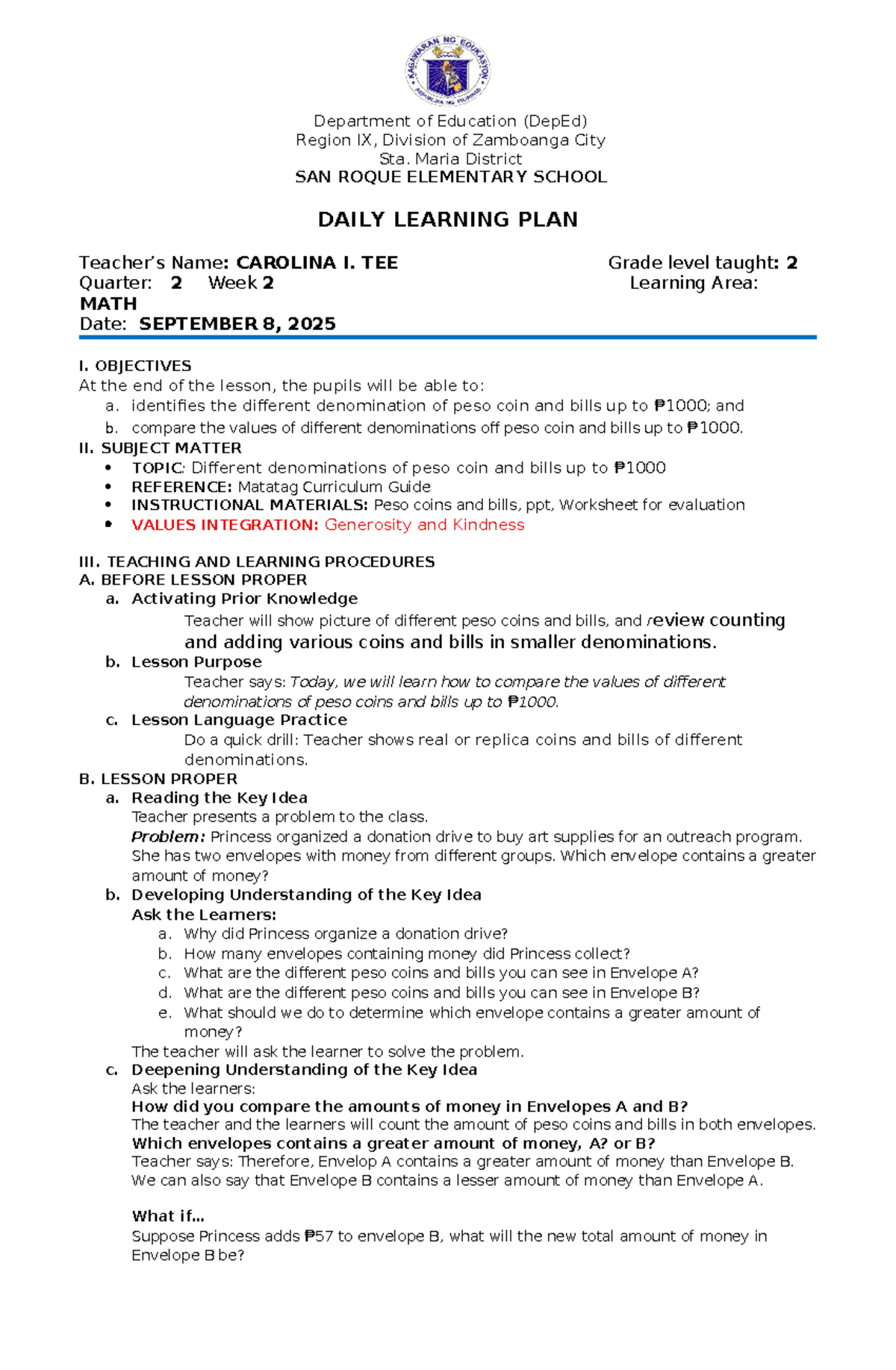 Q2W2-MATH2DLP - Daily Learning Plan for Grade 2 Mathematics - Studocu