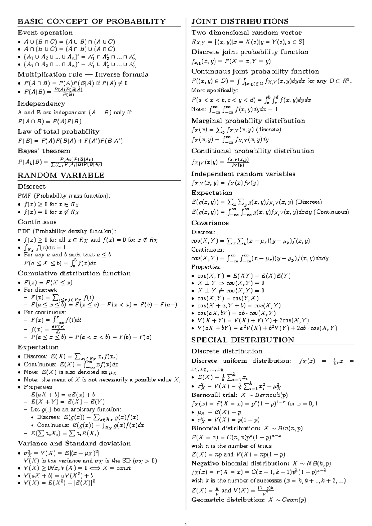 ST2334 Probability Joint Distributions Cheat Sheet - Studocu