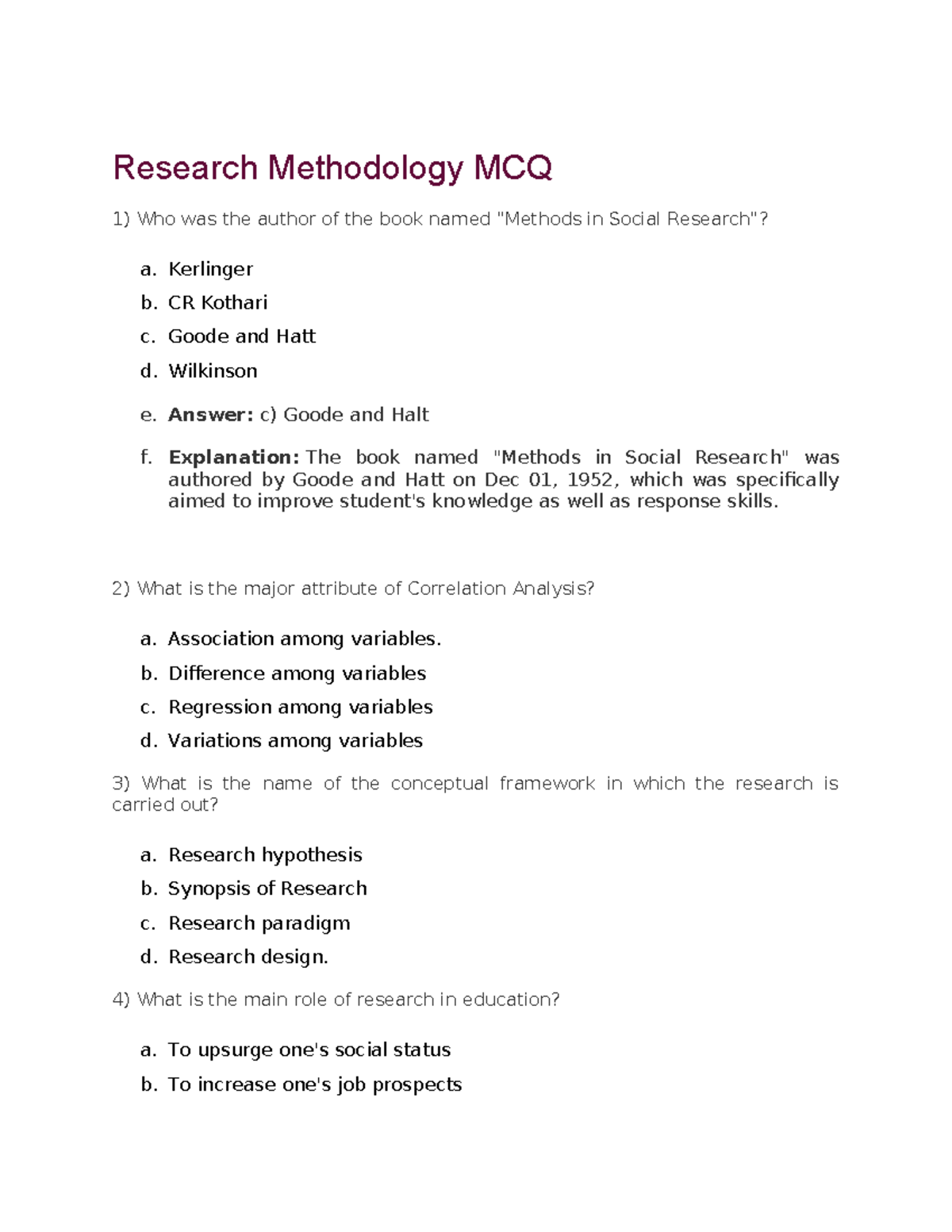 Research Methodology MCQs: Key Concepts and Questions - Studocu