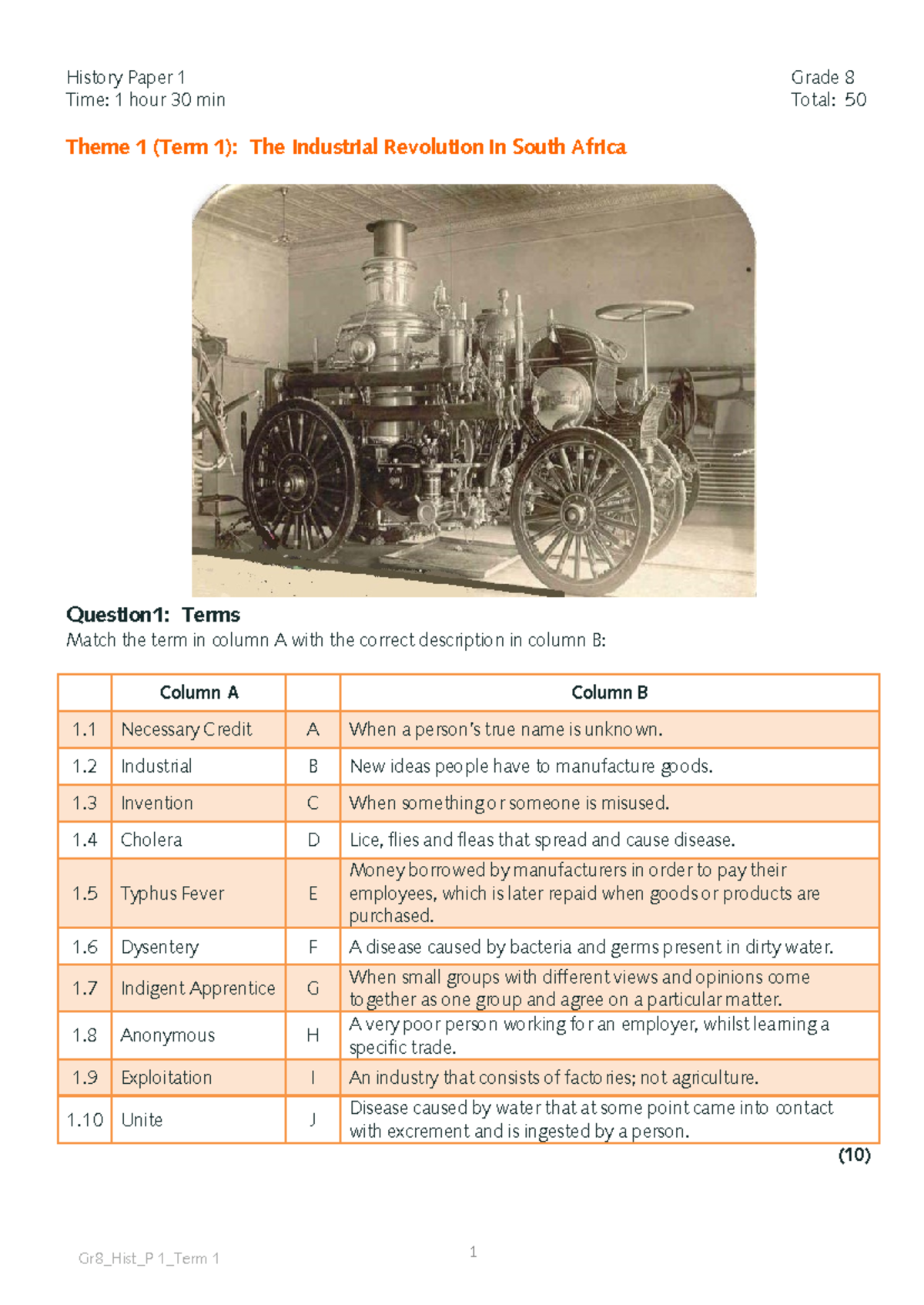 Grade 8 History: The Industrial Revolution in South Africa Test - Studocu