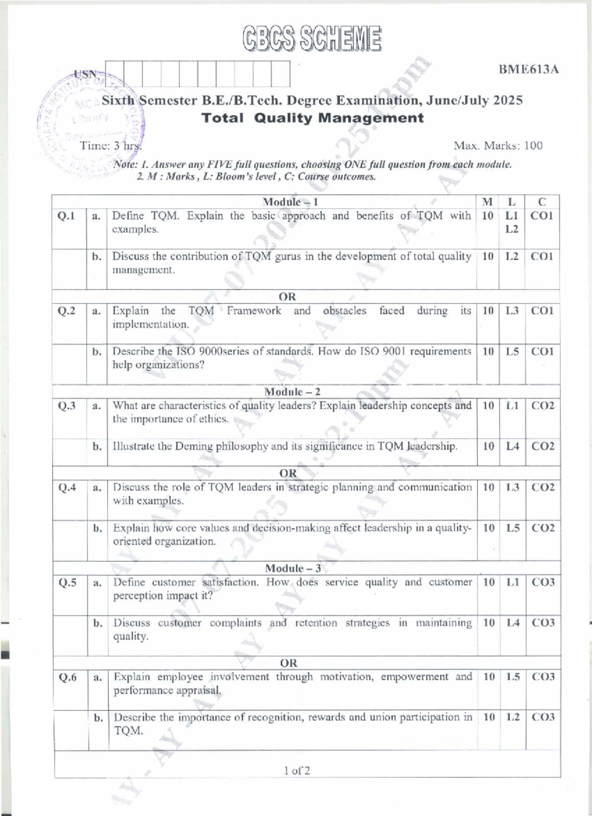 Total Quality Management Exam Guide - BME613A - Studocu