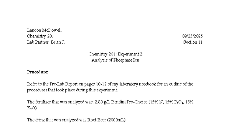 Chemistry 201 Lab Report: Experiment 2 - Phosphate Ion Analysis - Studocu