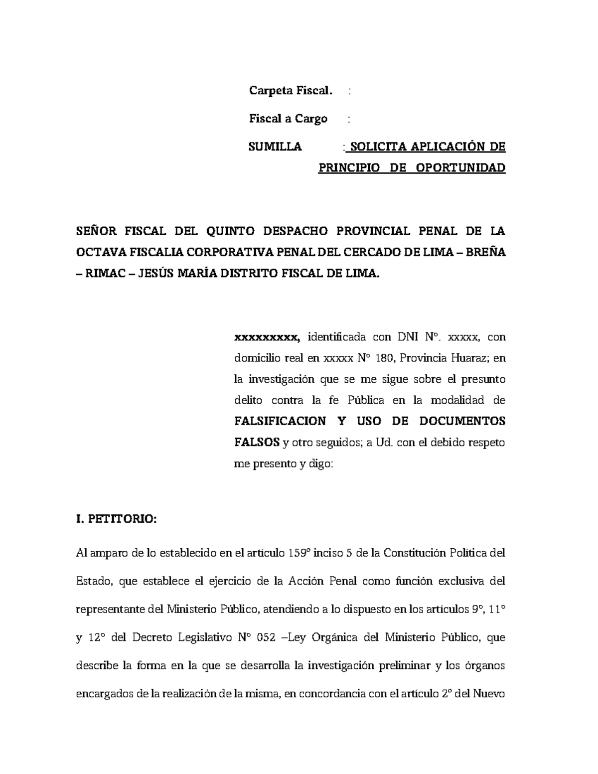 Solicitud de Aplicación del Principio de Oportunidad - Lima - Document Preview