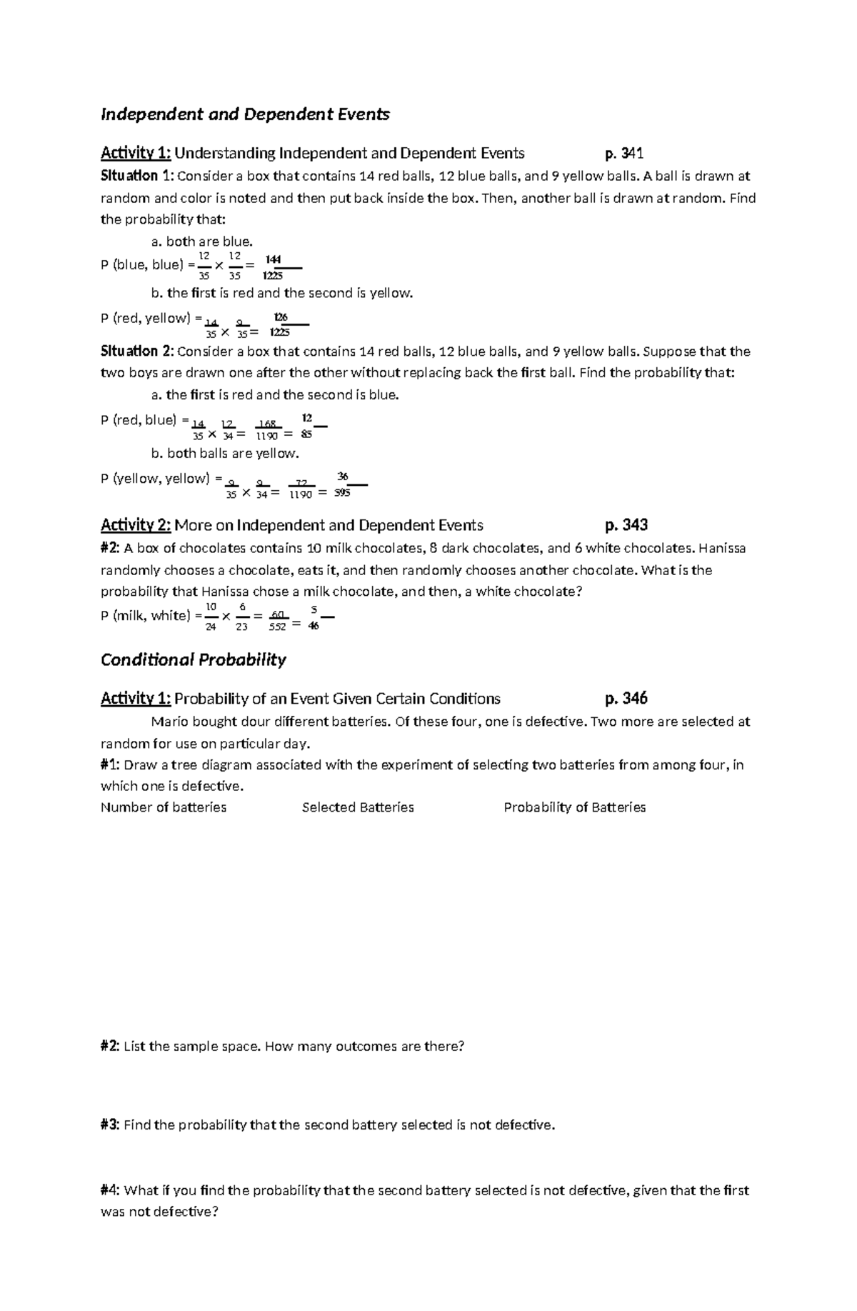 Grade 10 Math Reviewer: Independent & Dependent Events Activities - Studocu