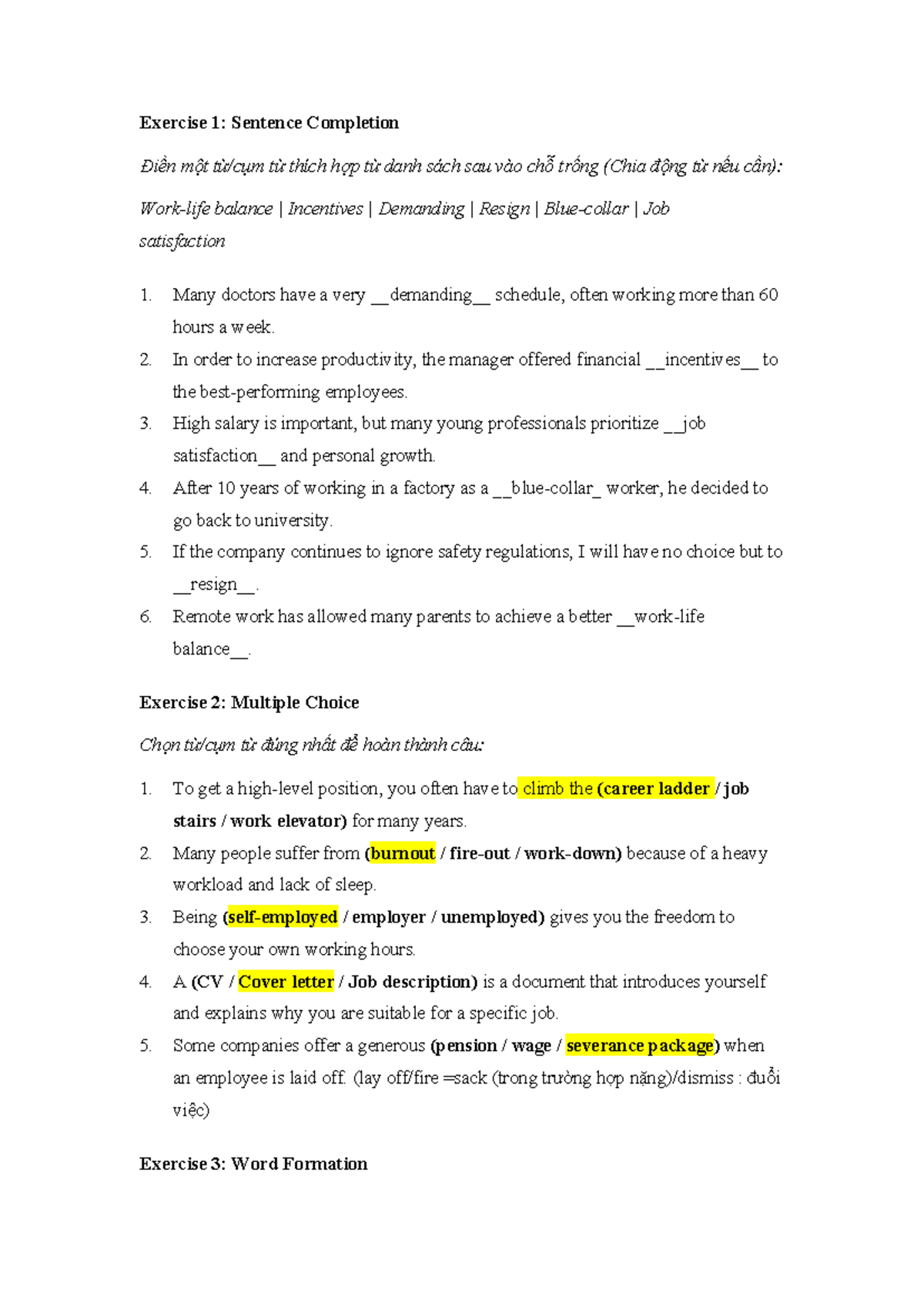 Vocab Test: Work-Related Terms and Sentence Completion Exercises - Studocu