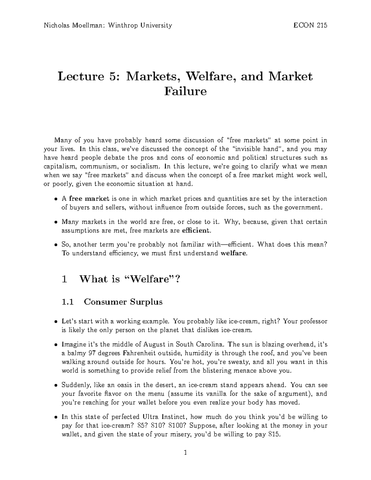 ECON 215 Lecture 5: Markets, Welfare, and Market Failure Notes - Studocu