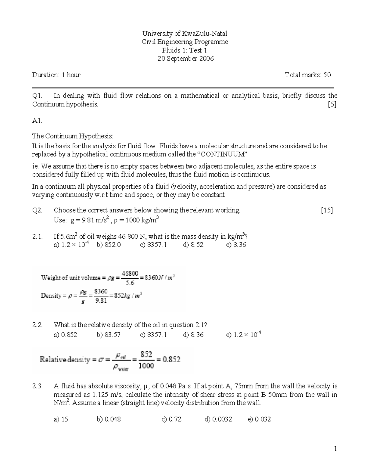 Test 1 Q&A for University of Civil Engineering: Fluids 1 - Studocu