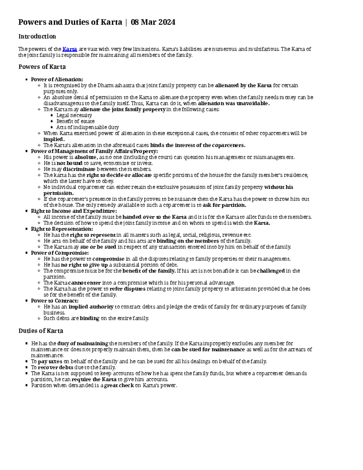 Powers and Duties of Karta: Comprehensive Notes for Law 101 - Studocu