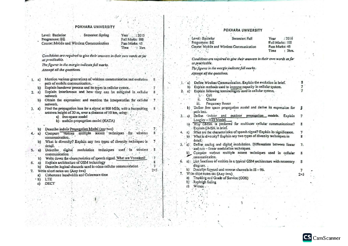 Mobile and Wireless Communication Exam Questions (BE, Fall 2015-2023 ...