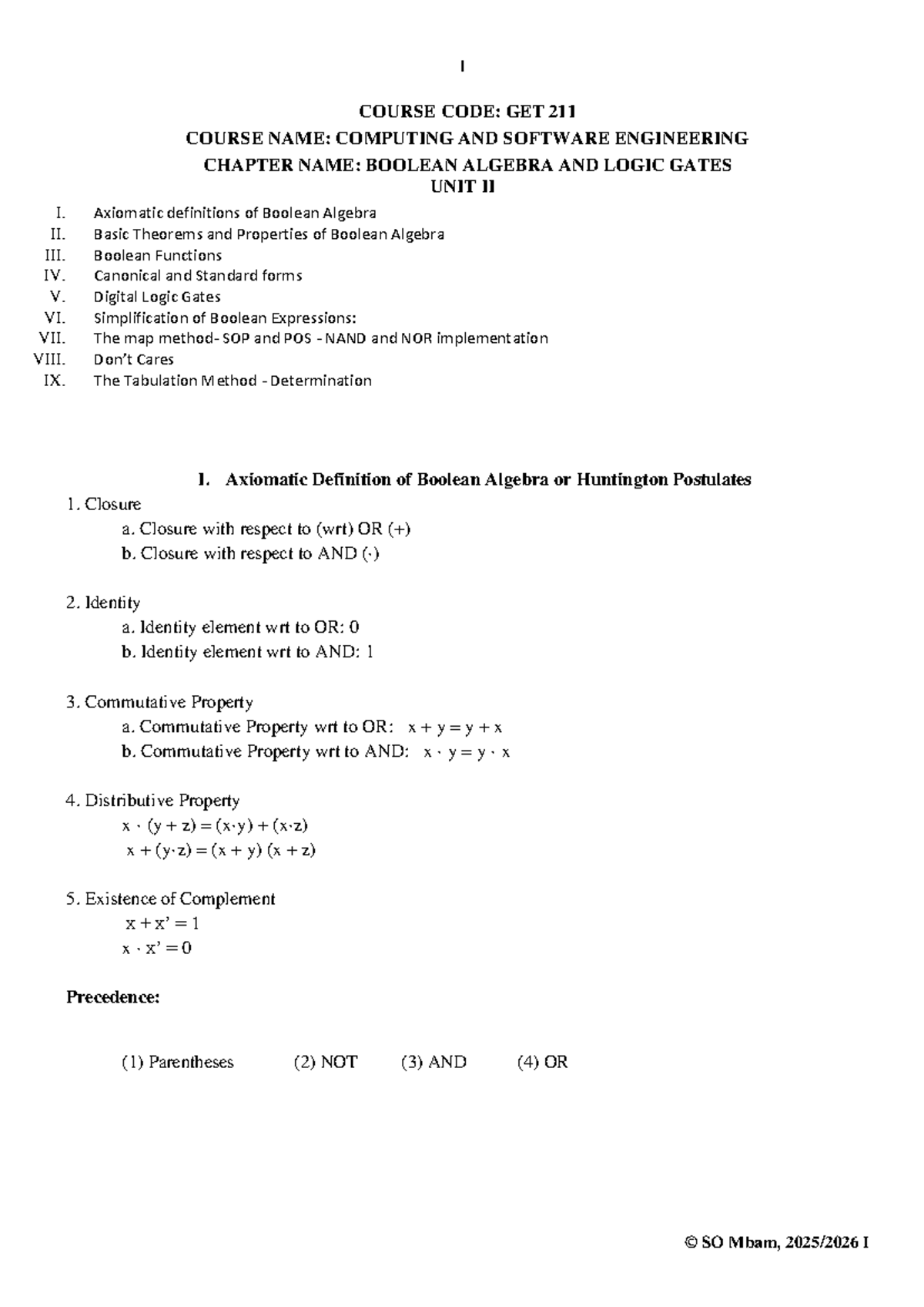 GET 211: Unit II - Boolean Algebra and Logic Gates Overview - Studocu