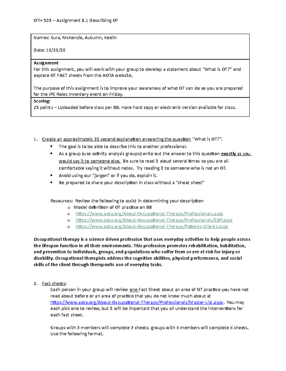 OTH 505 Assignment 8.1-Describing OT - OTH 505 – Assignment 8 ...