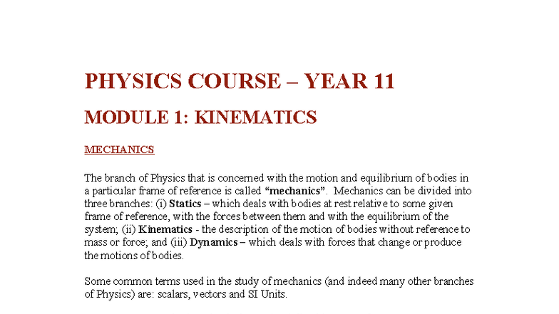 PHYSICS 2018M1 MODULE 1: KINEMATICS MECHANICS OVERVIEW - Studocu