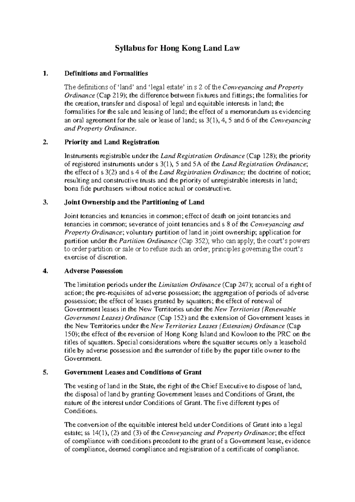 HKLand 2303 - Comprehensive Syllabus of Hong Kong Land Law - Studocu