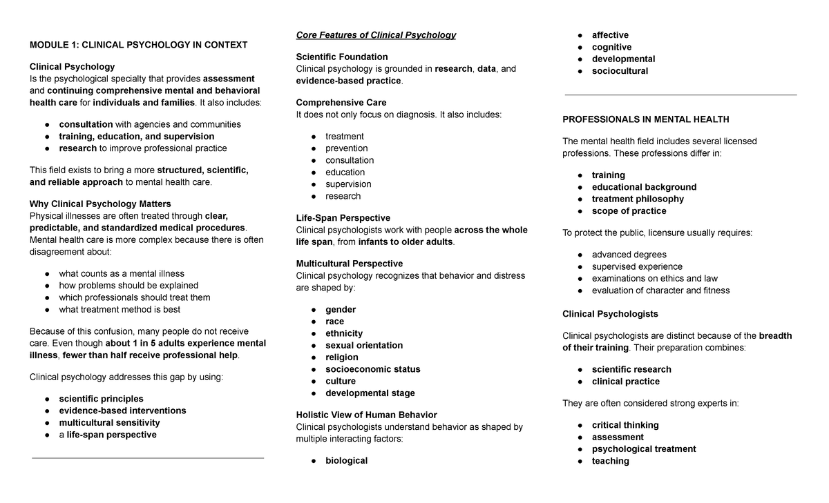 Clinical Psychology - Midterm Reviewer: Key Concepts and Practices ...