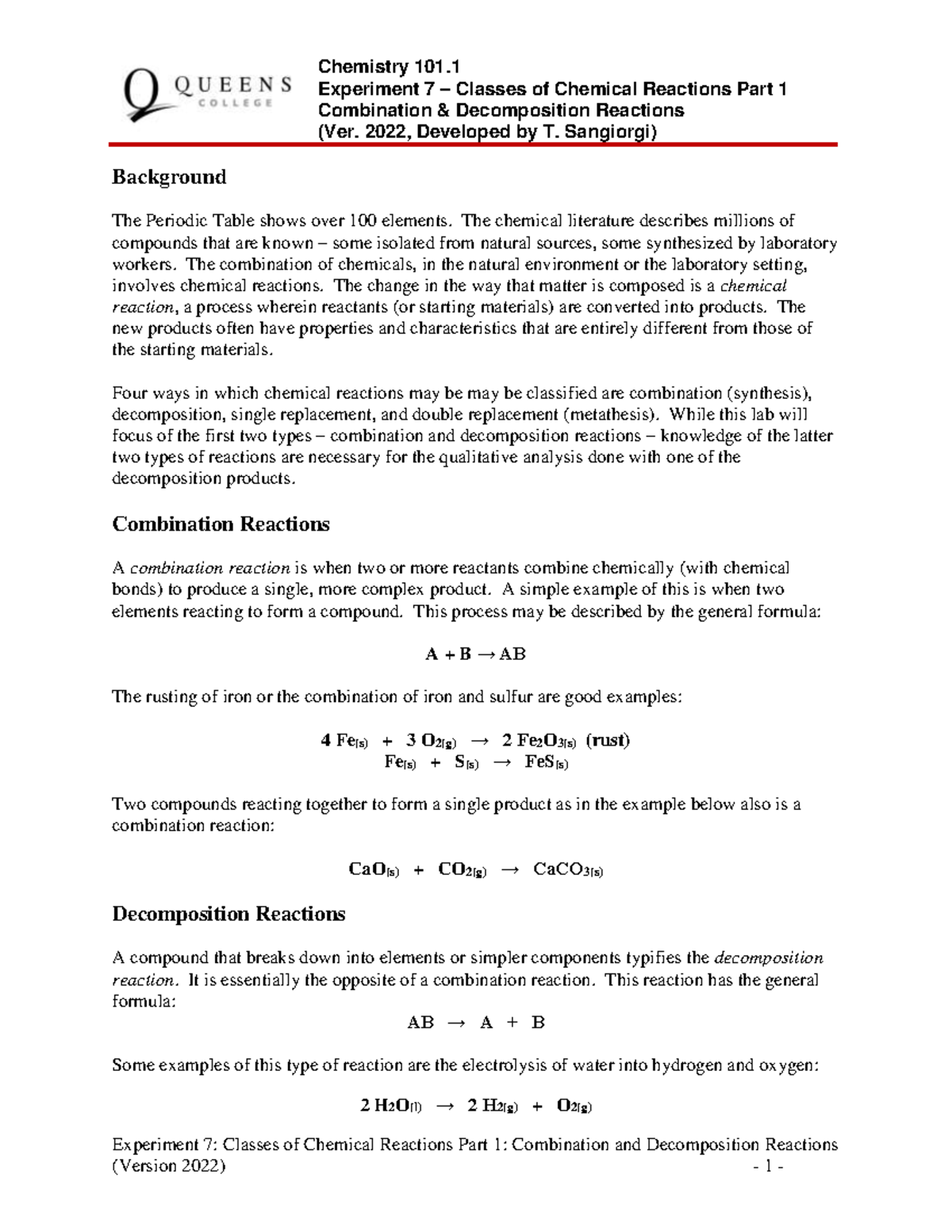 Chemistry 101.1 Lab 7: Combination & Decomposition Reactions (2022 ...