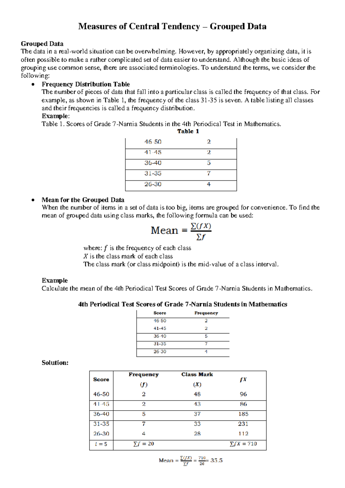 Measures of Central Tendency & Dispersion: Lecture Notes (Math 101 ...