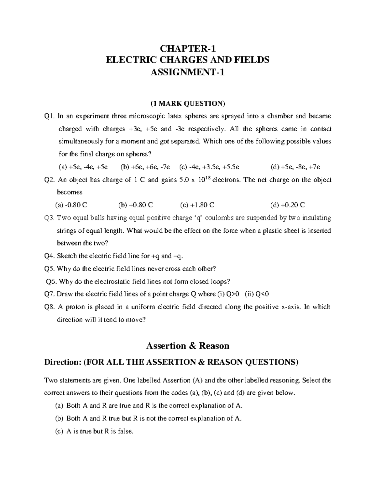 Electric Charge and Fields Assignment-1 (1 Mark Questions) - Studocu