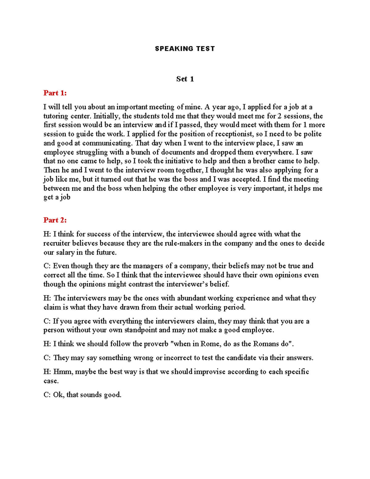Speaking TEST GEP6 - the test - SPEAKING TEST Set 1 Part 1: I will tell ...