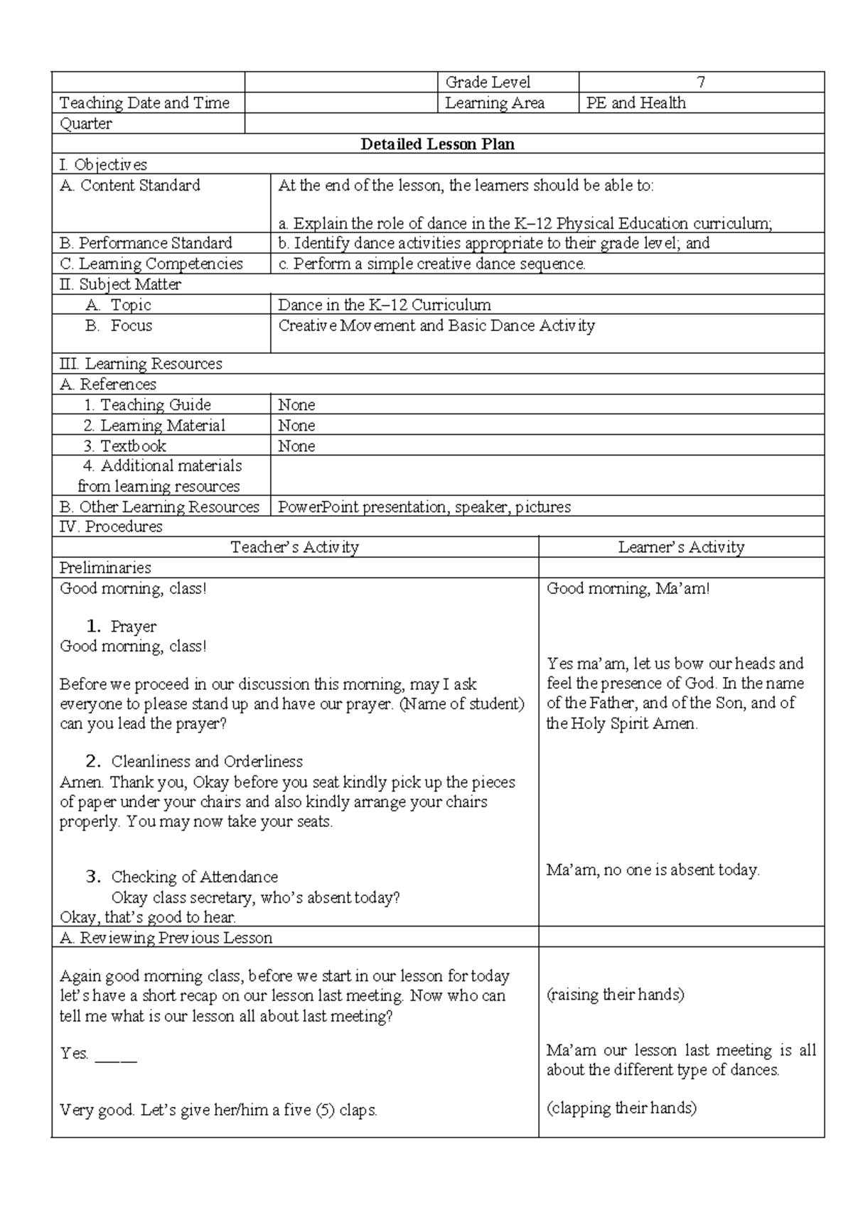 DLP in PE: Creative Dance Lesson Plan for Grade 7 (CAEd 322) - Studocu