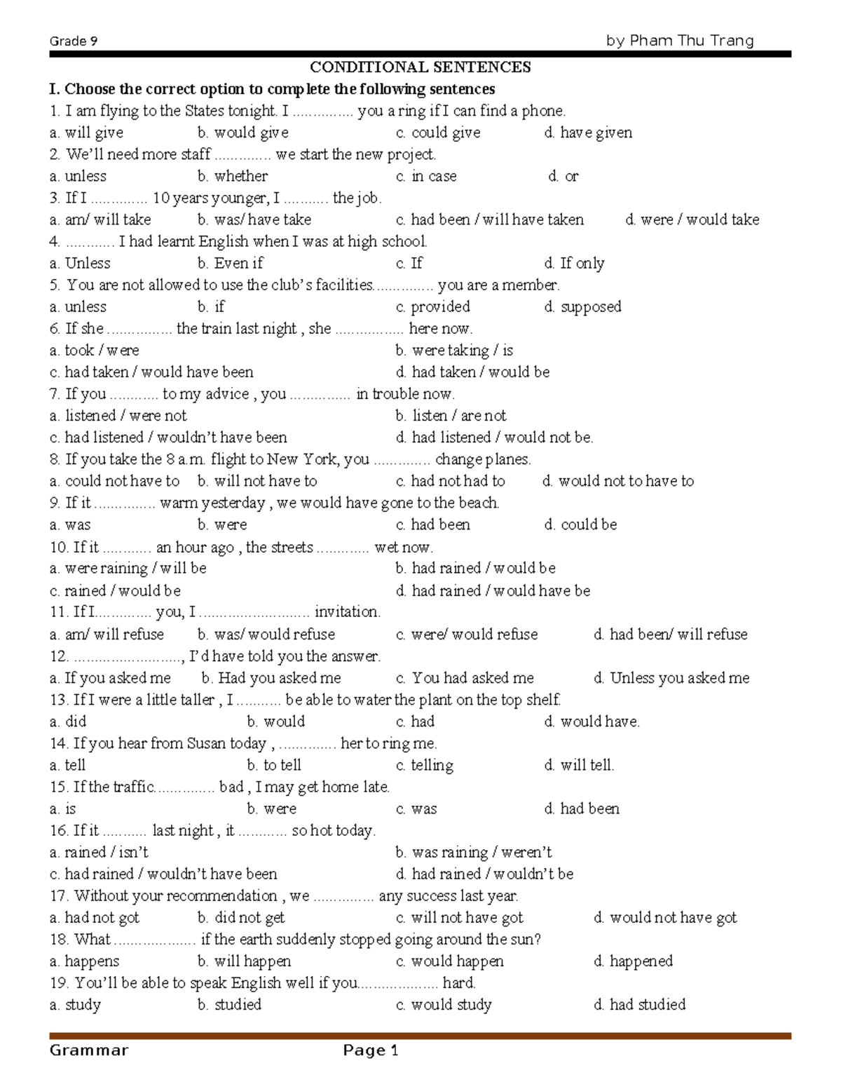 Grade 9 Conditional Sentences Practice Exercises - Studocu