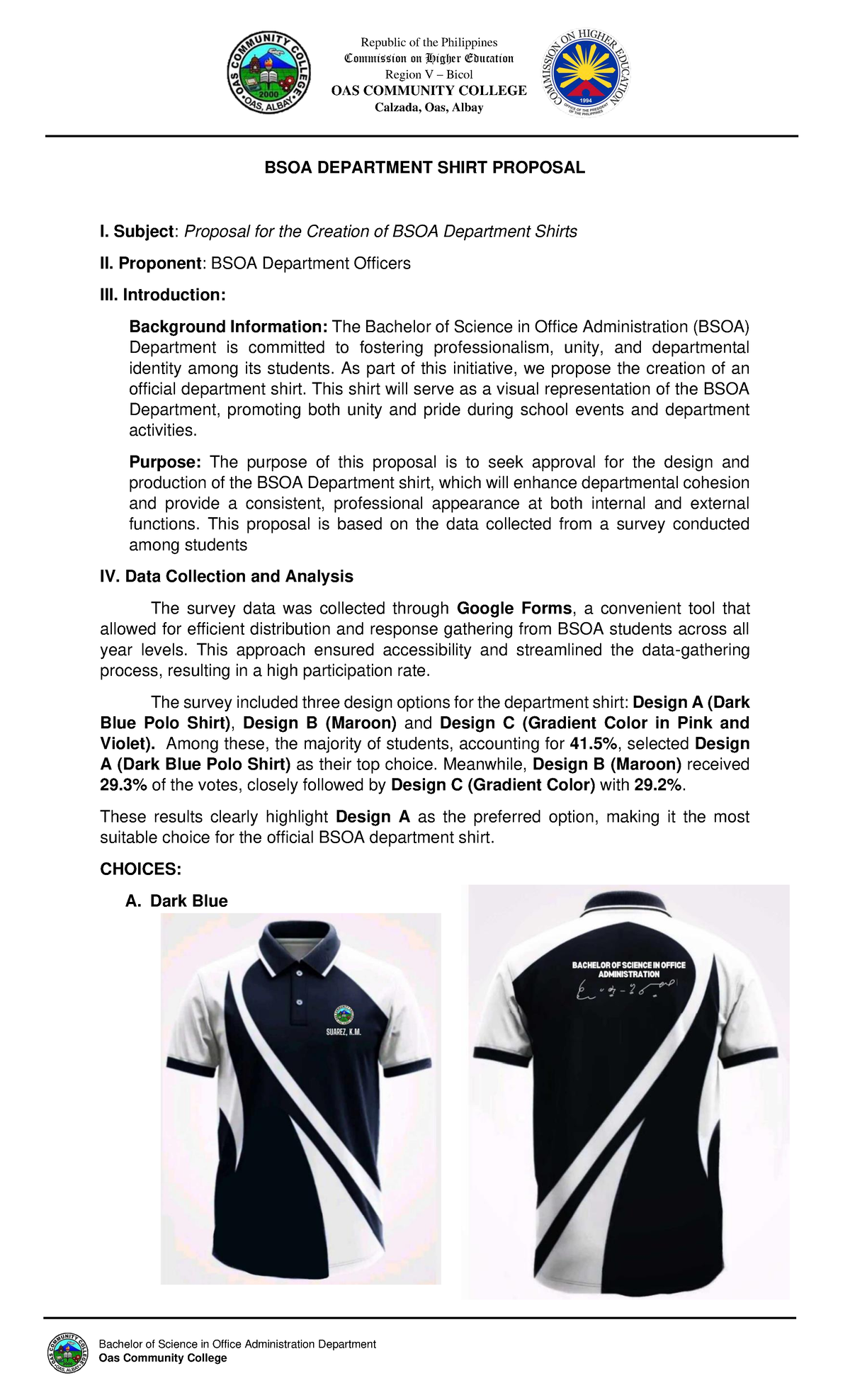 Proposal for BSOA Department Shirt Design and Production - Studocu