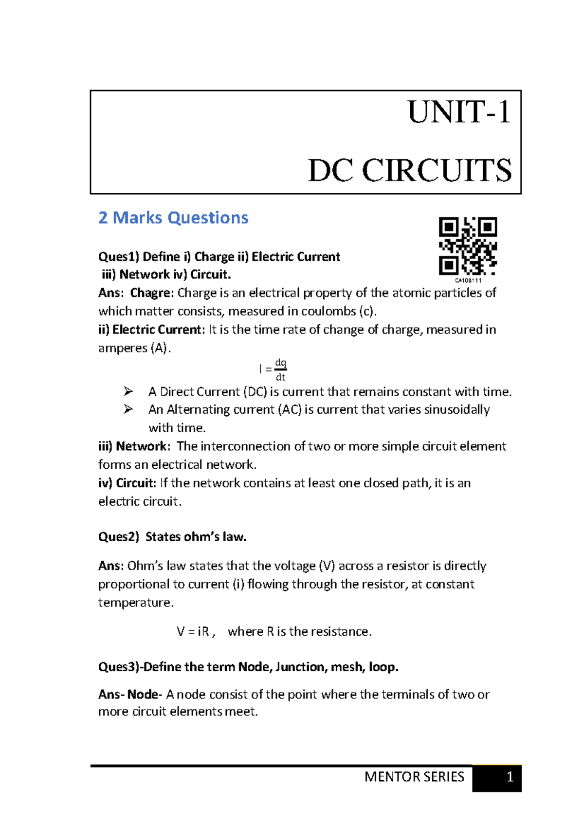 DC CIRCUITS: 2 Marks Questions & Answers for Exam Prep (AKTU) - Studocu