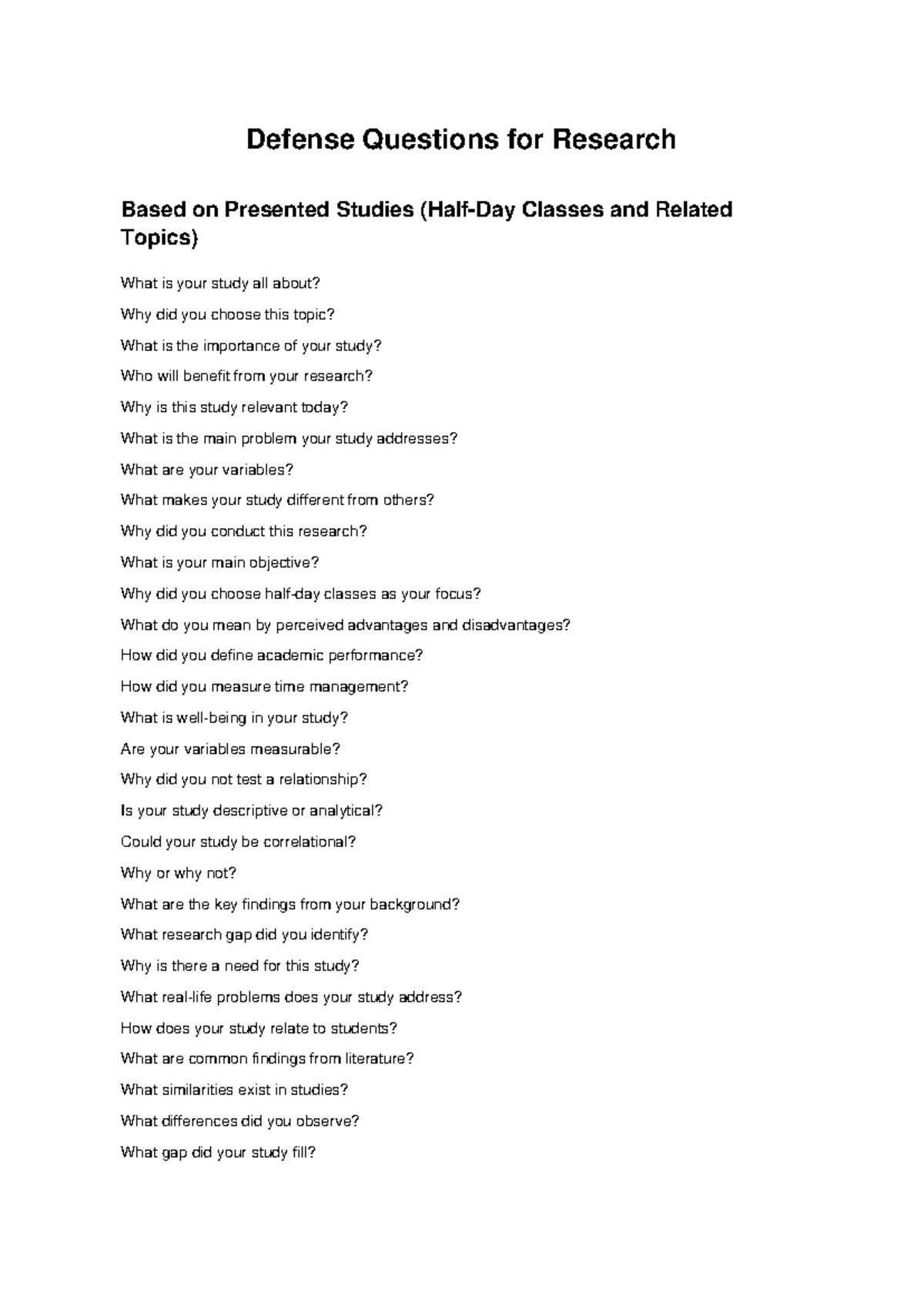 Defense Questions for Research: Grade 10 Samples & Insights - Studocu
