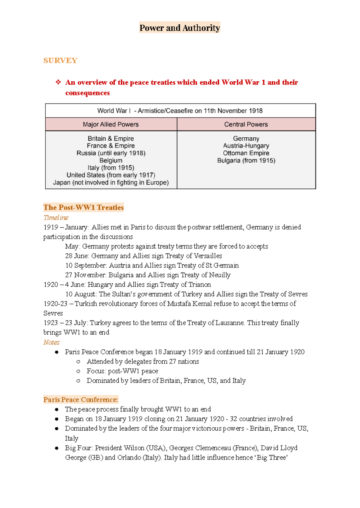 Modern - Power and Authority - SURVEY An overview of the peace treaties ...