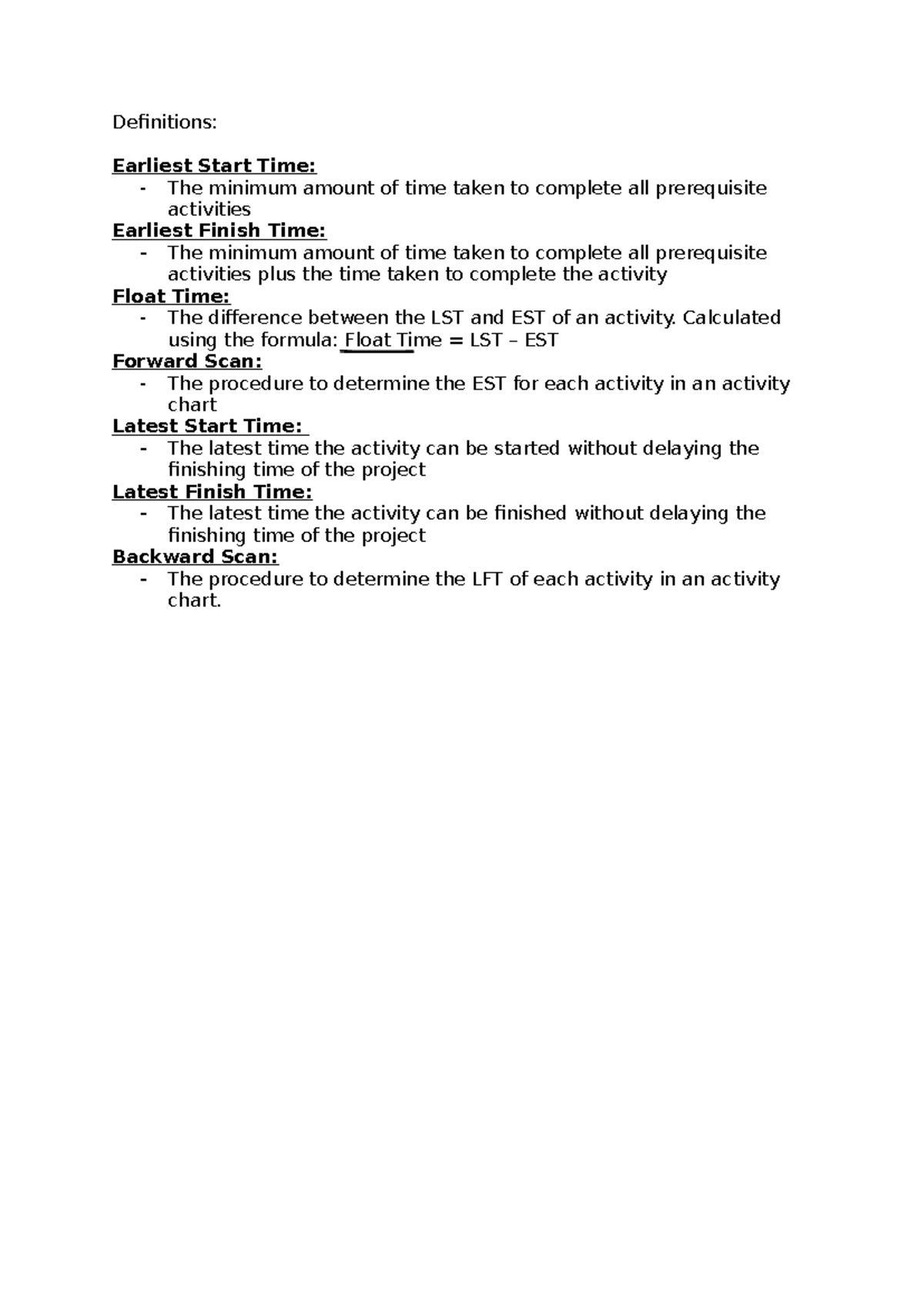 Activity Charts: Understanding EST, EFT, and Float Time Concepts - Studocu