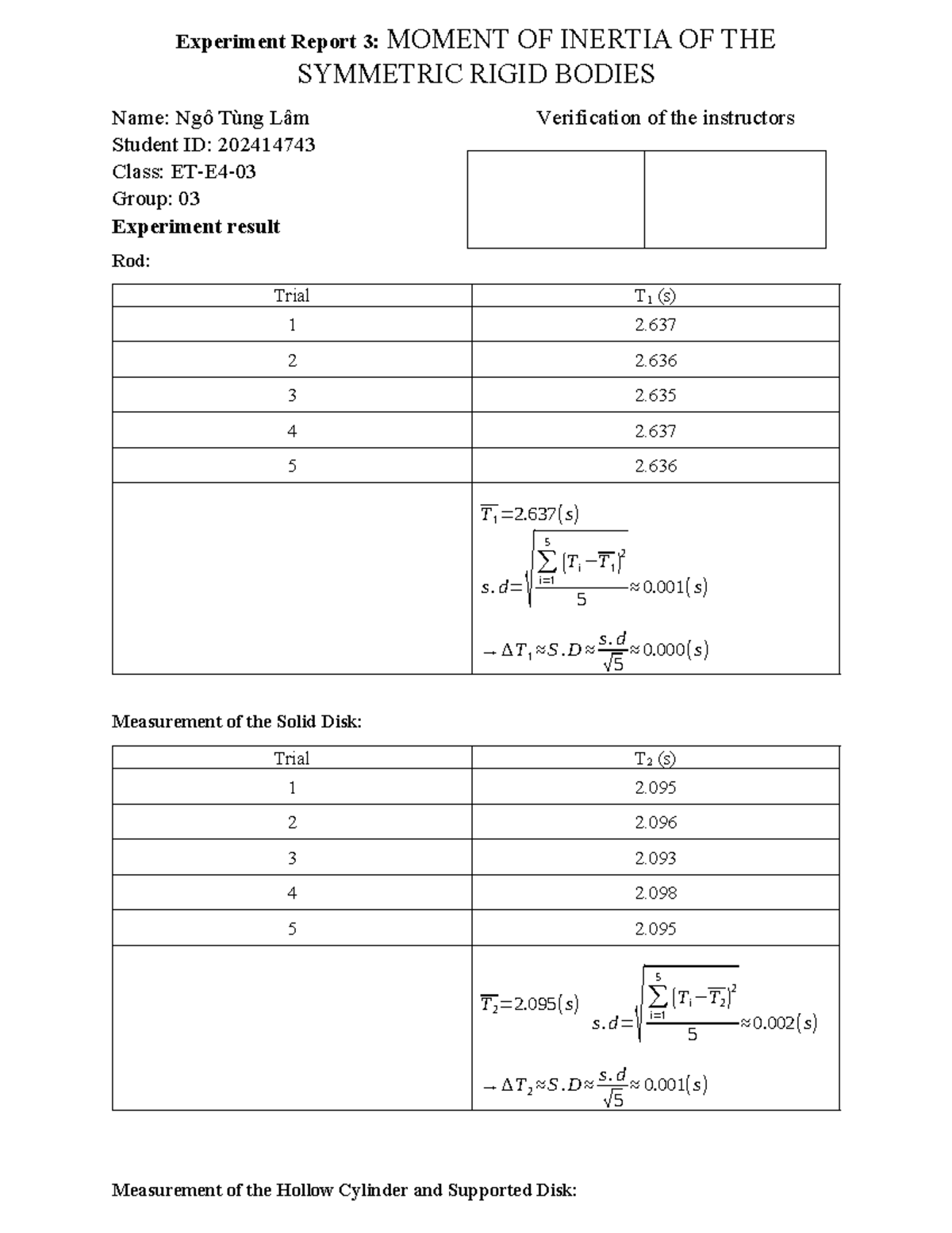 Experiment Report 3: Moment of Inertia of Rigid Bodies - Studocu