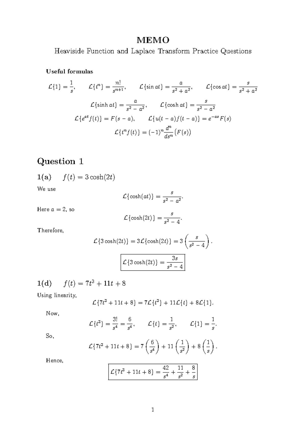 MEMO Practice: Heaviside Function & Laplace Transform Questions - Studocu