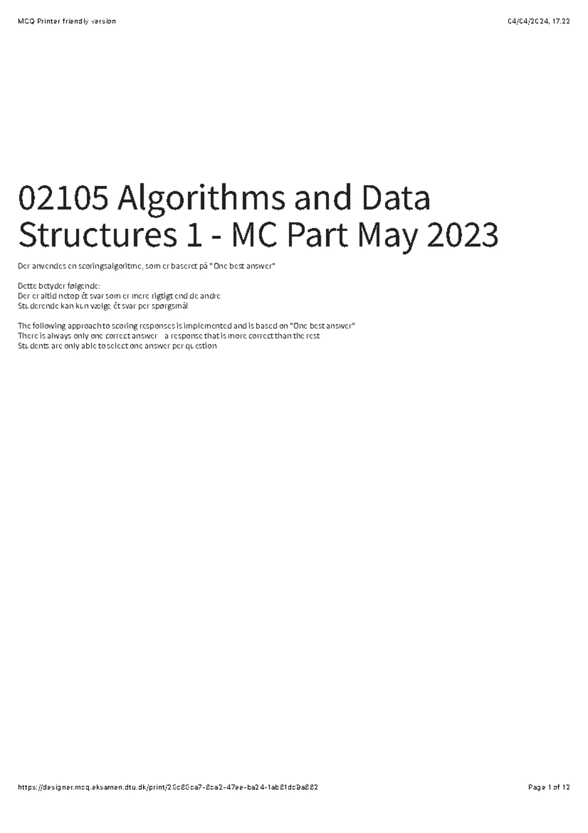2022MCMay Sol - Algorithms and Data Structures MCQ Exam Solutions - Studocu