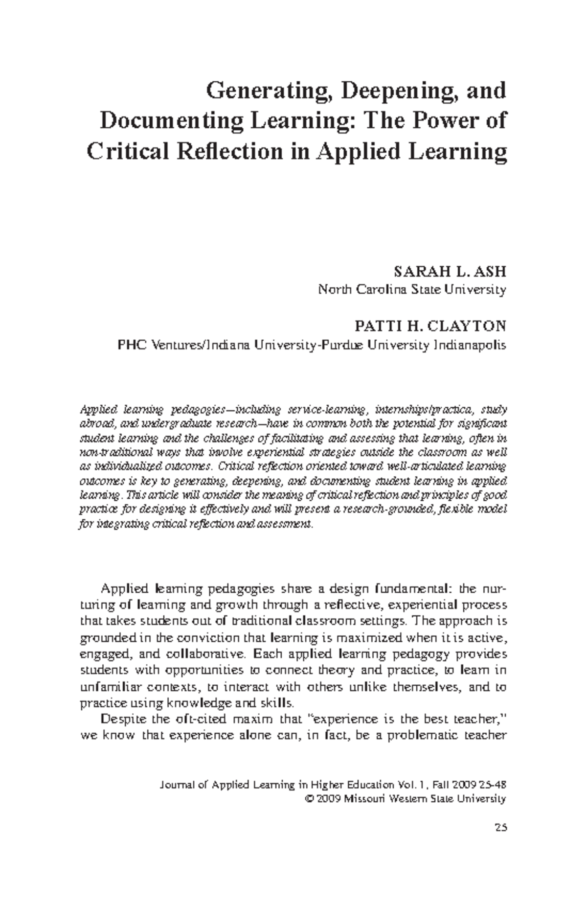 **Critical Reflection in Applied Learning: Key Insights from Ash ...