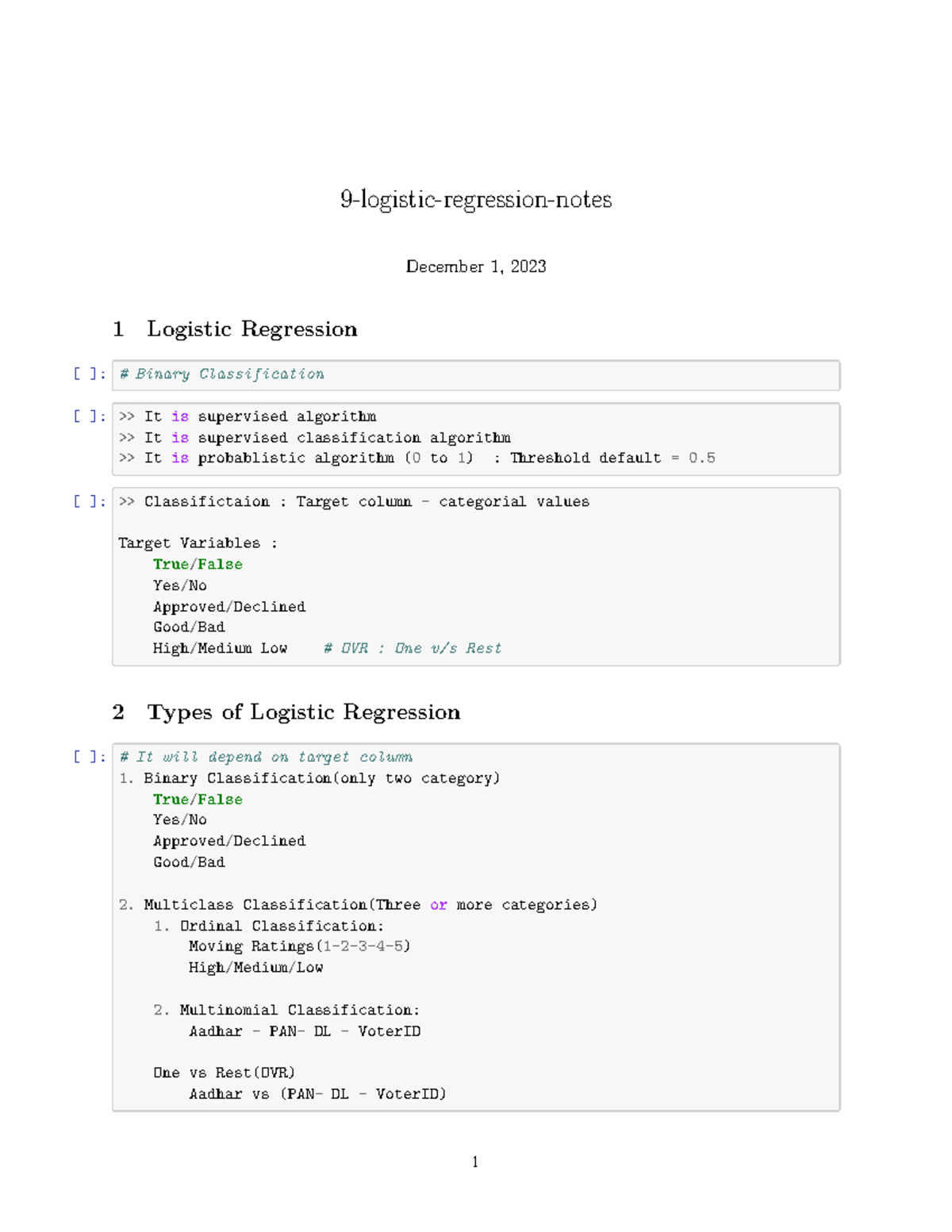 Logistic Regression Notes (Course Code: 9) - Key Concepts & Techniques ...