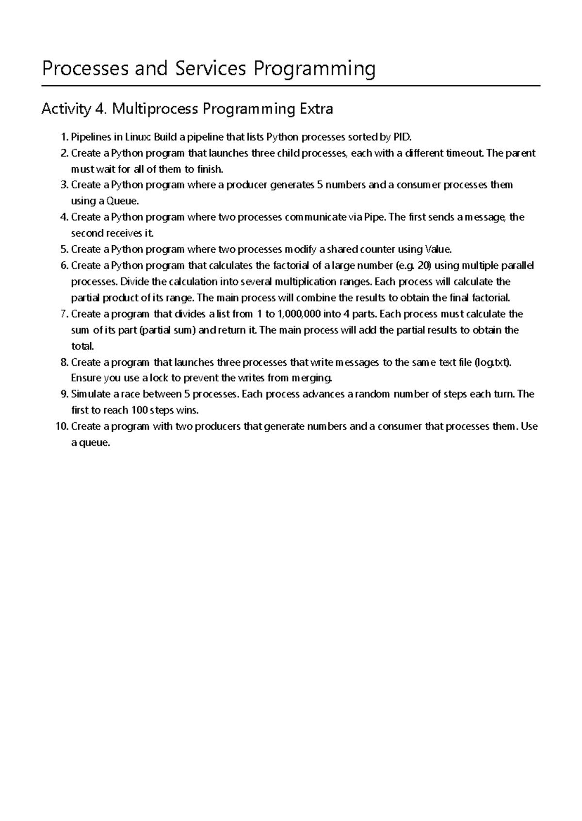 PSP UP1 AC4 Multiprocess Programming Activities and Examples - Studocu