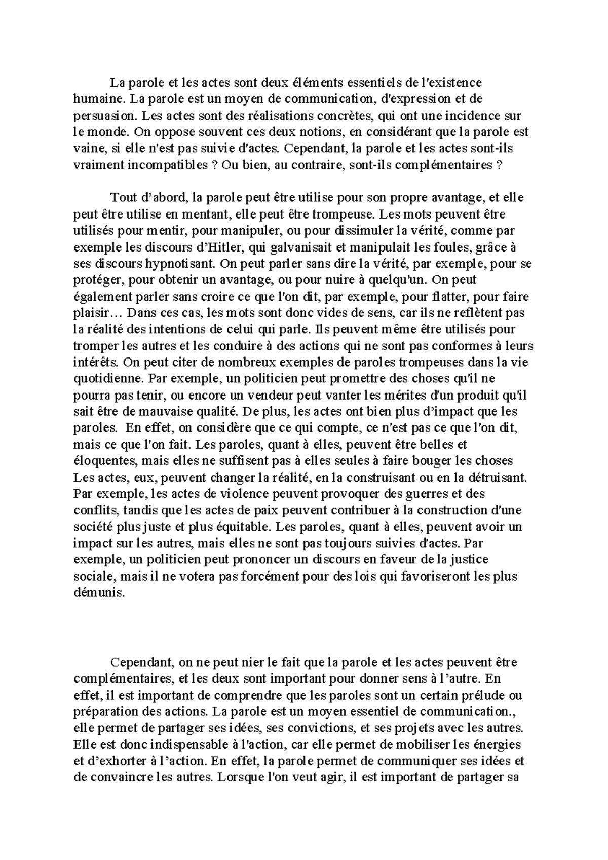 La parole et les actes: complémentarité et enjeux existentiels - Studocu