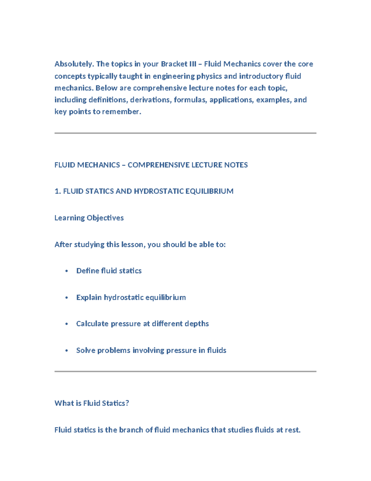 FLUID 101: Comprehensive Lecture Notes on Fluid Mechanics - Studocu