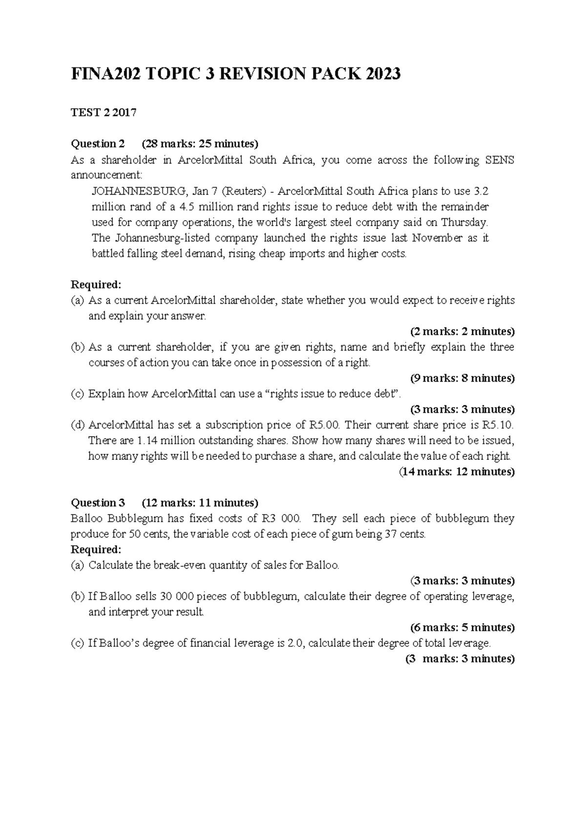 FINA202 Topic 3 Practice Revision Pack for 2023 Exam - Studocu