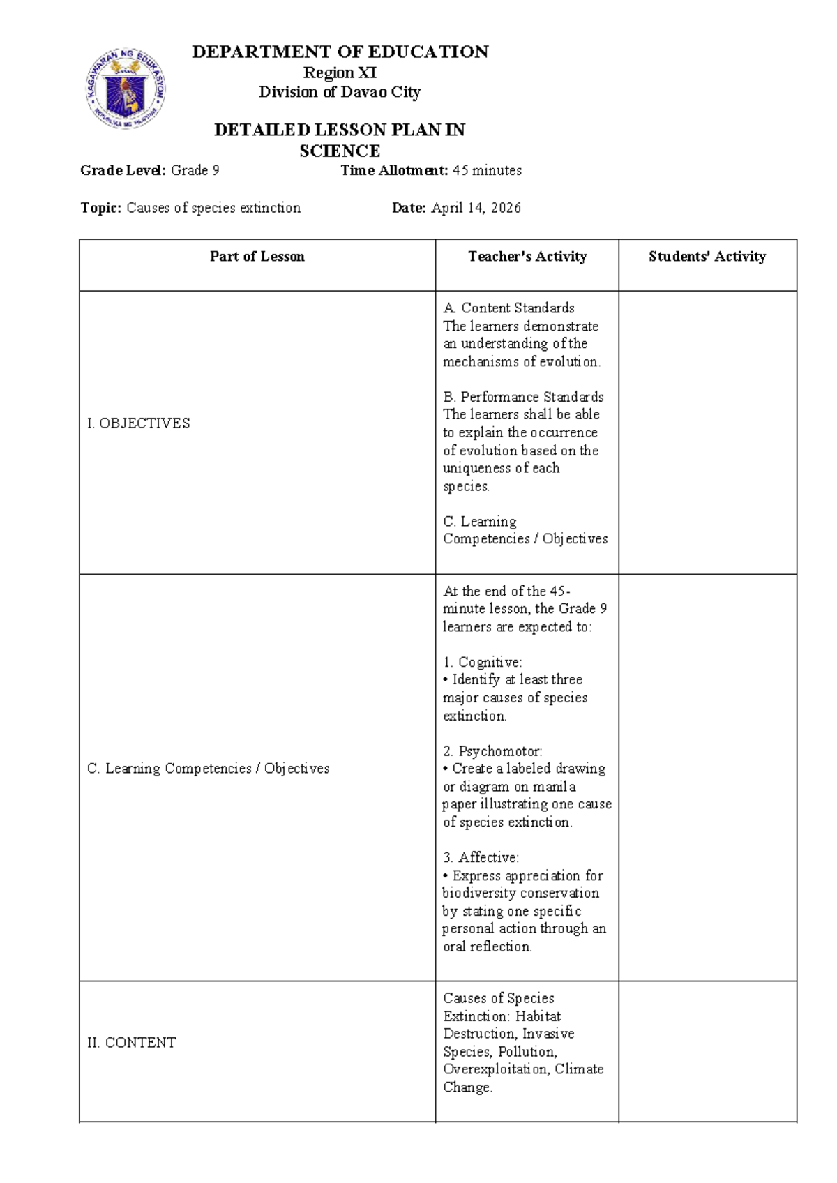 Detailed Lesson Plan in Science (Grade 9): Causes of Species Extinction ...